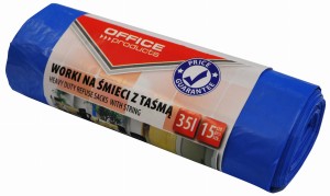 Worki na śmieci z taśmą 35l, 15szt. OFFICE PRODUCTS, premium (LDHD), niebieskie