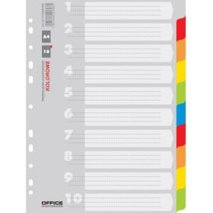 PRZEKŁADKI OFFICE PRODUCTS, KARTON, A4, 227X297MM, 10 KART, MIX KOLORÓW