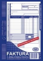Faktura z jedną stawką podatku dla prowadzących sprzedaż w cenach netto (pion), A5, (oryginał+1 kopia)