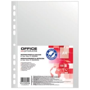KOSZULKI NA DOKUMENTY OFFICE PRODUCTS, PP, A4, KRYSTAL, 30MIKR., 100SZT.