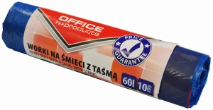Worki na śmieci z taśmą 60L, 10szt. OFFICE PRODUCTS, premium (LDHD), niebieskie